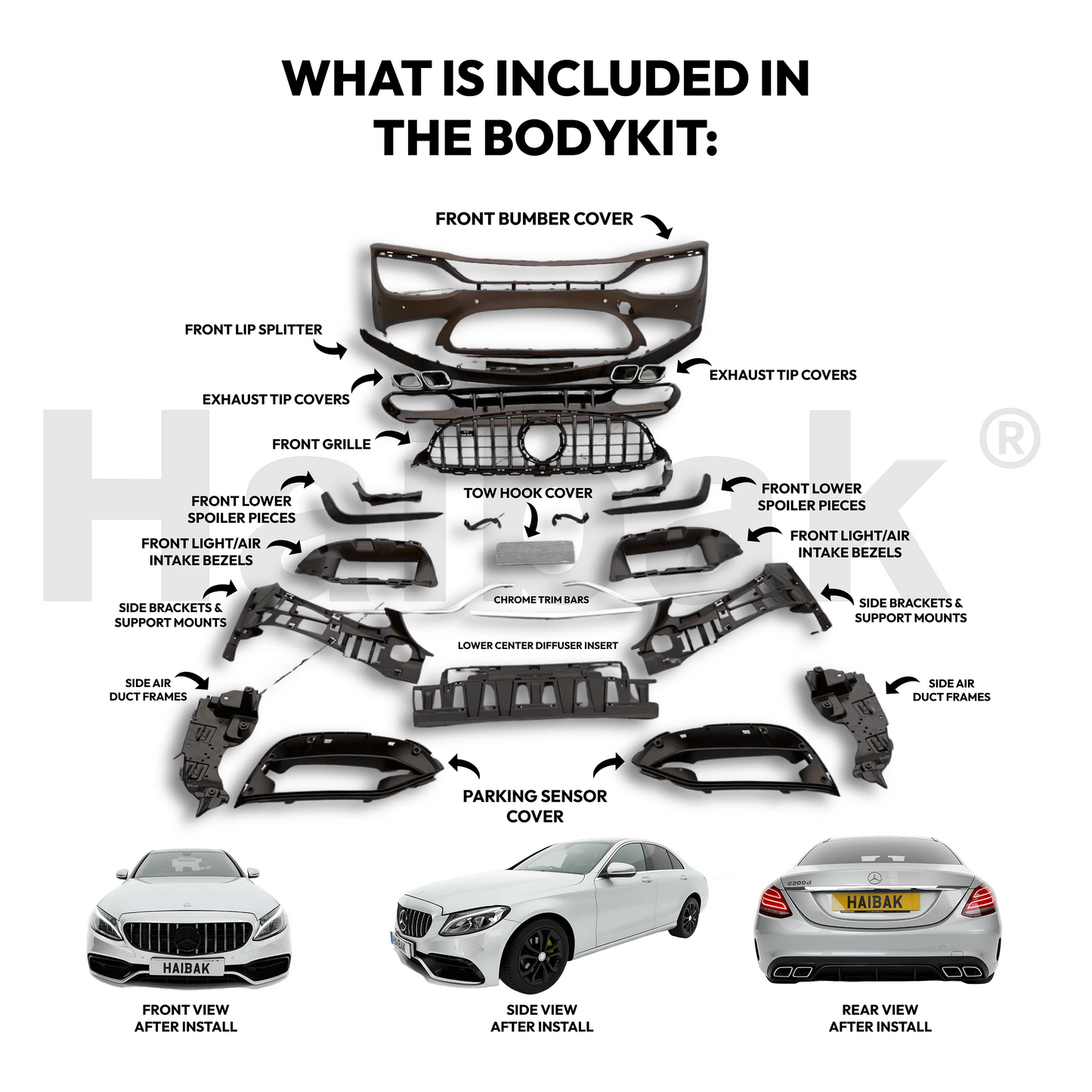 Car bodykit components diagram with Haidak branding